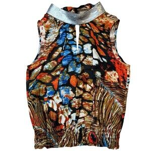 Zoe D Sleeveless Linen Blouse Peacock Pattern Silver Sequin Neckline NWOT Size S